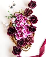 DuHouse 10Pcs Artificial Roses Burgundy Long Stem Silk Flower Set view 5