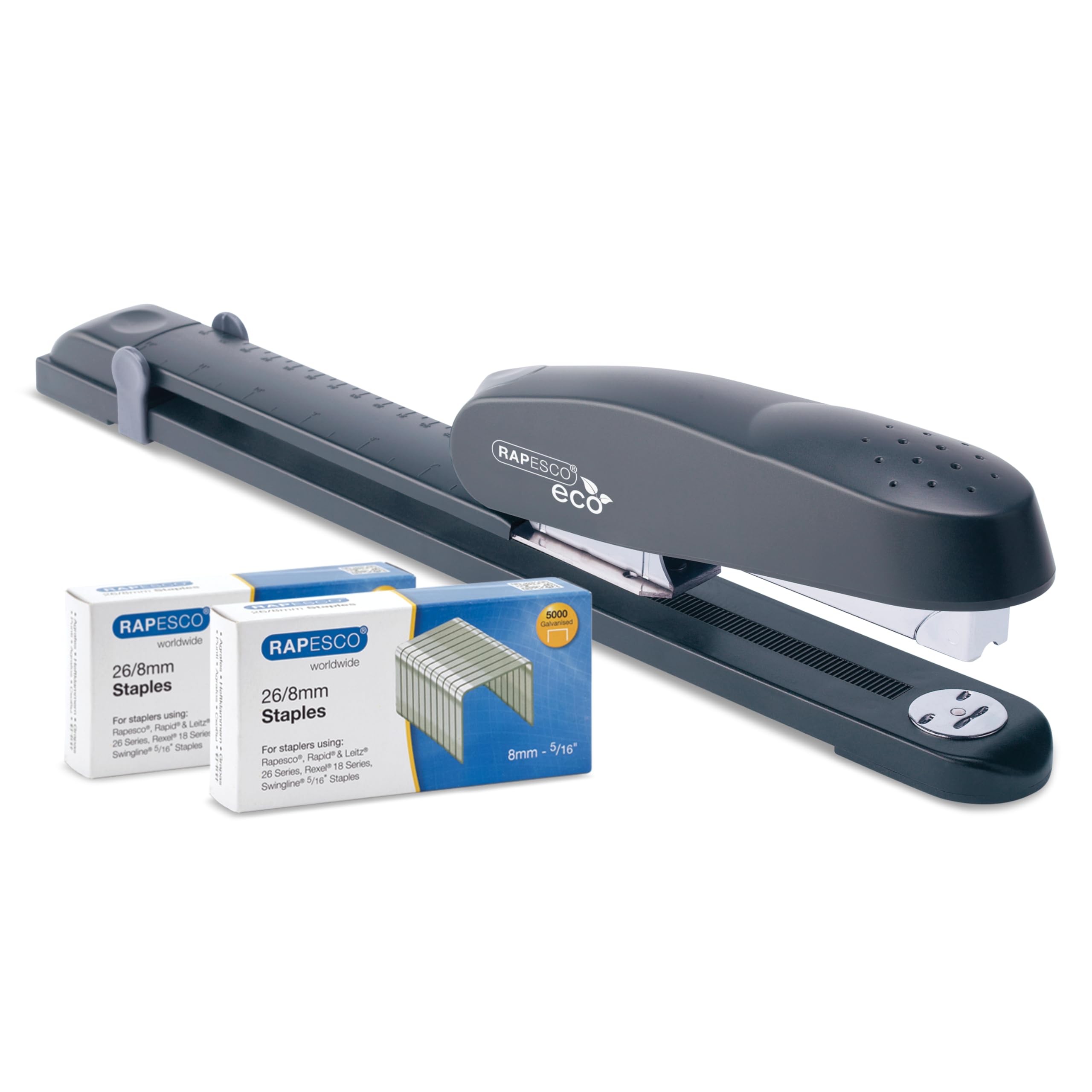 Rapesco 1281 ECO 790 Heavy Duty Long Arm Stapler with 10,000 26/8 mm Staples, 50 Sheet Capacity, Charcoal
