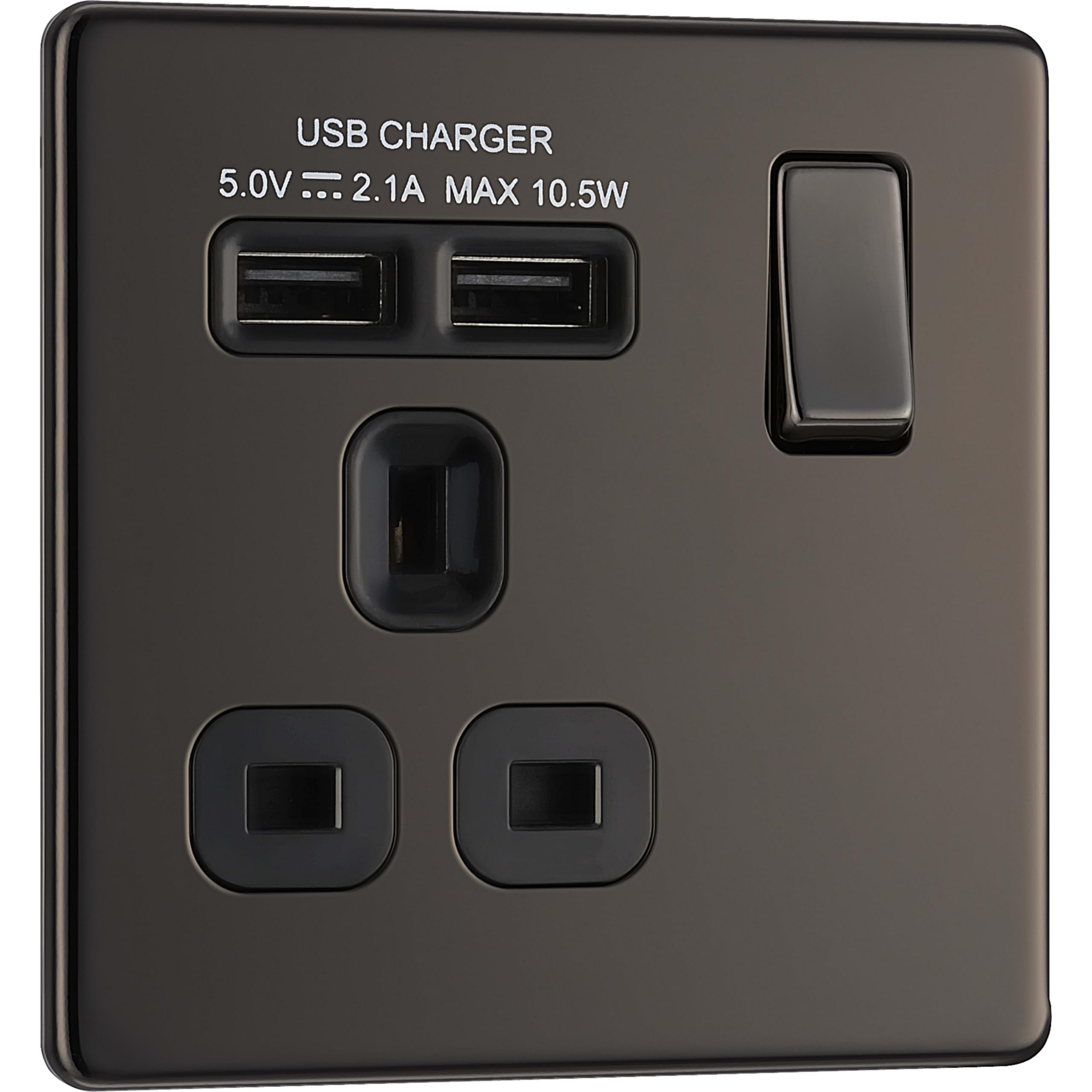 BG Electrical fbn21u2b 2.1 A Masterplug Single Socket with 2 x USB, Brushed Nickel Black Insert