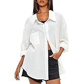 Darong Women's Button Down Long Sleeve Shirts Cotton Blend Casual Oversized Boyfriend Loose Fit Blouse Top