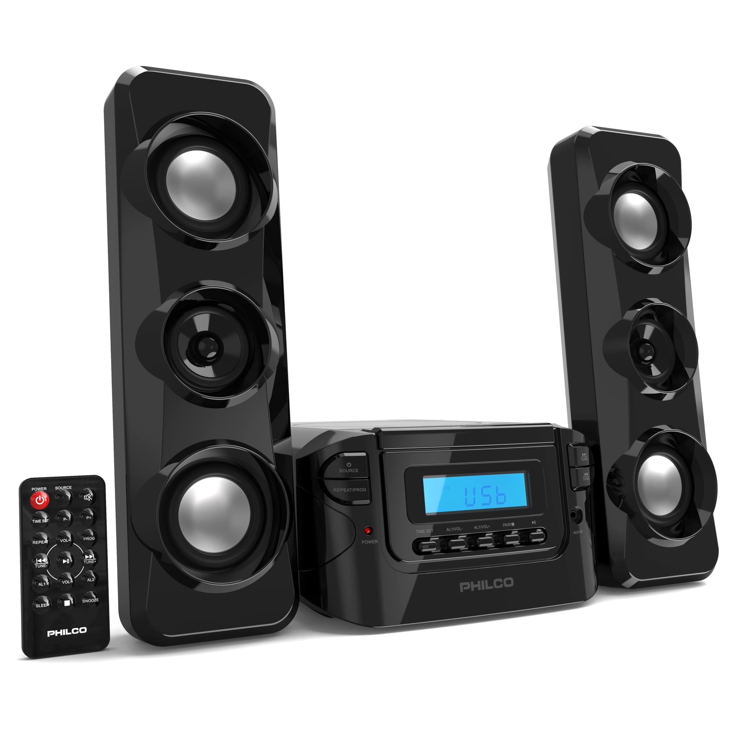 Philco Stereo Shelf Systems Compact CD Shelf System with Digital FM Stereo Radio, Bluetooth Wireless Technology, and Remote Control in Black | LCD Display | MP3 & AUX Port Compatible | USB Playback
