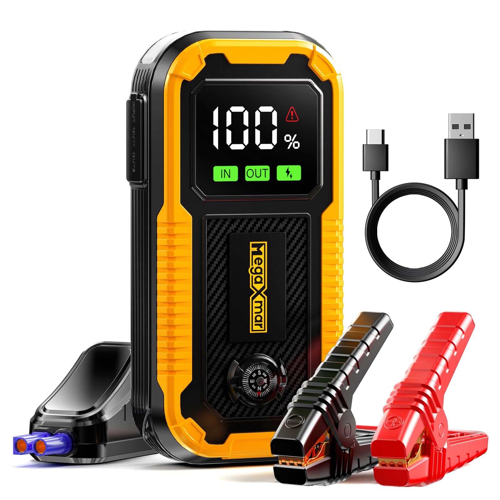 MegaXmar Car Battery Jump Starter -1500A Peak 12800mAh,Portable Car Jump Starter for Up to 7.5L Gas 6.0L Diesel Engine,12V Jump Starter Battery Pack with Smart Clamp Cables,LED Flashlight Jump Box