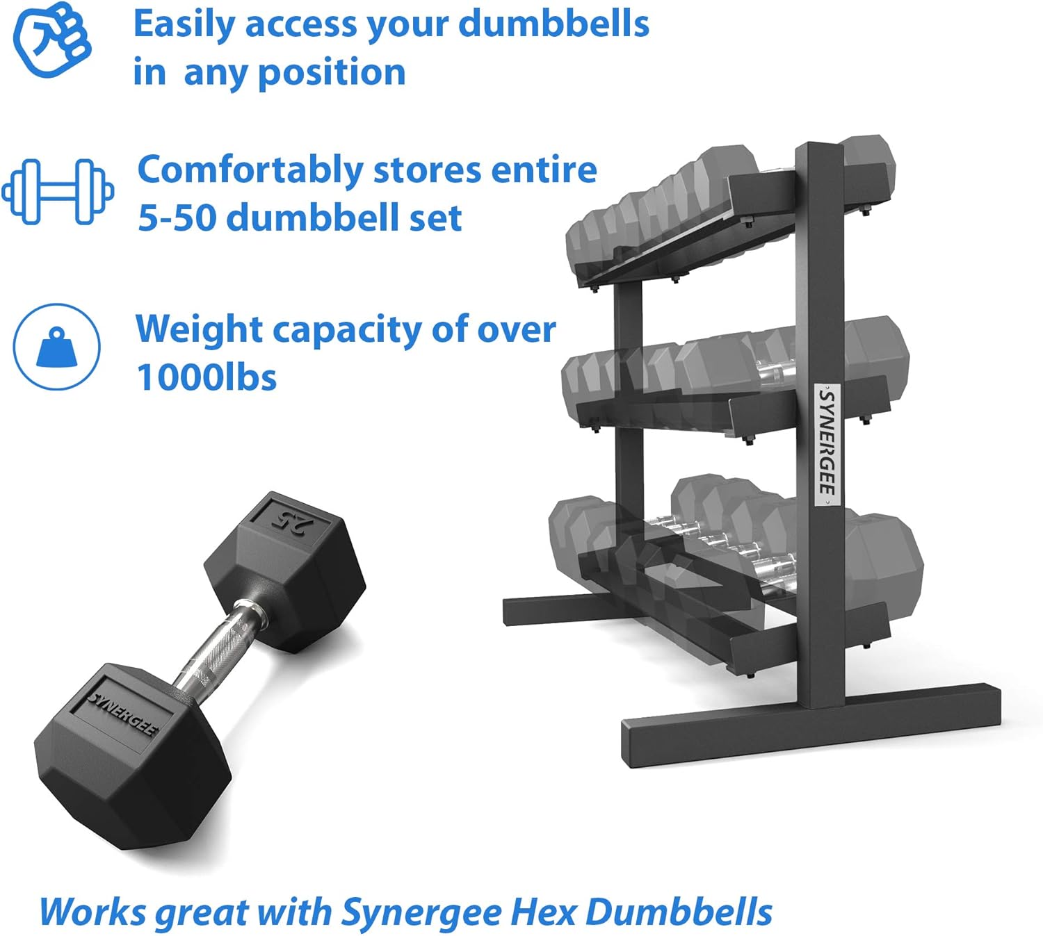 Synergee 3 Tier Dumbbell Rack - Perfect for 5-50 lb Dumbbell Sets. Organizes Free Weights - Perfect for Home, Garage, and Commercial Gyms - Clean & Professional Equipment Storage : Sports & Outdoors