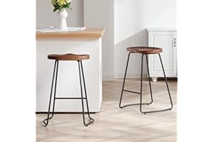 HeuGah Bar Stools, Solid Wood Barstools Set of 2, 26" Counter Height Bar Stools with Metal Leg, Rustic Backless Bar Stool for Kitchen Island, Bar Chairs with Solid Wood Saddle Seat (Walnut, 26 Inch)