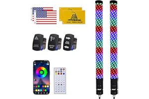 ZIMABLUE 2PC 2FT Fat Whip Lights for Side by Side, App & Remote Control RGB Chasing Light Whip with 3 Switchs for ATV UTV Dune Buggy Truck,LED Whip Light Compatible with Polaris RZR Can-Am Maverick X3