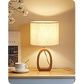 GOEBLESON Small Table Lamp, 14.2" Cute Little Desk Lamp, Wood Bedside Lamp with Linen Lampshade, Modern Nightstand Lamp for Bedroom, E26 Base, Bulb Not Included, Beige and Dark Natural LE07TL05