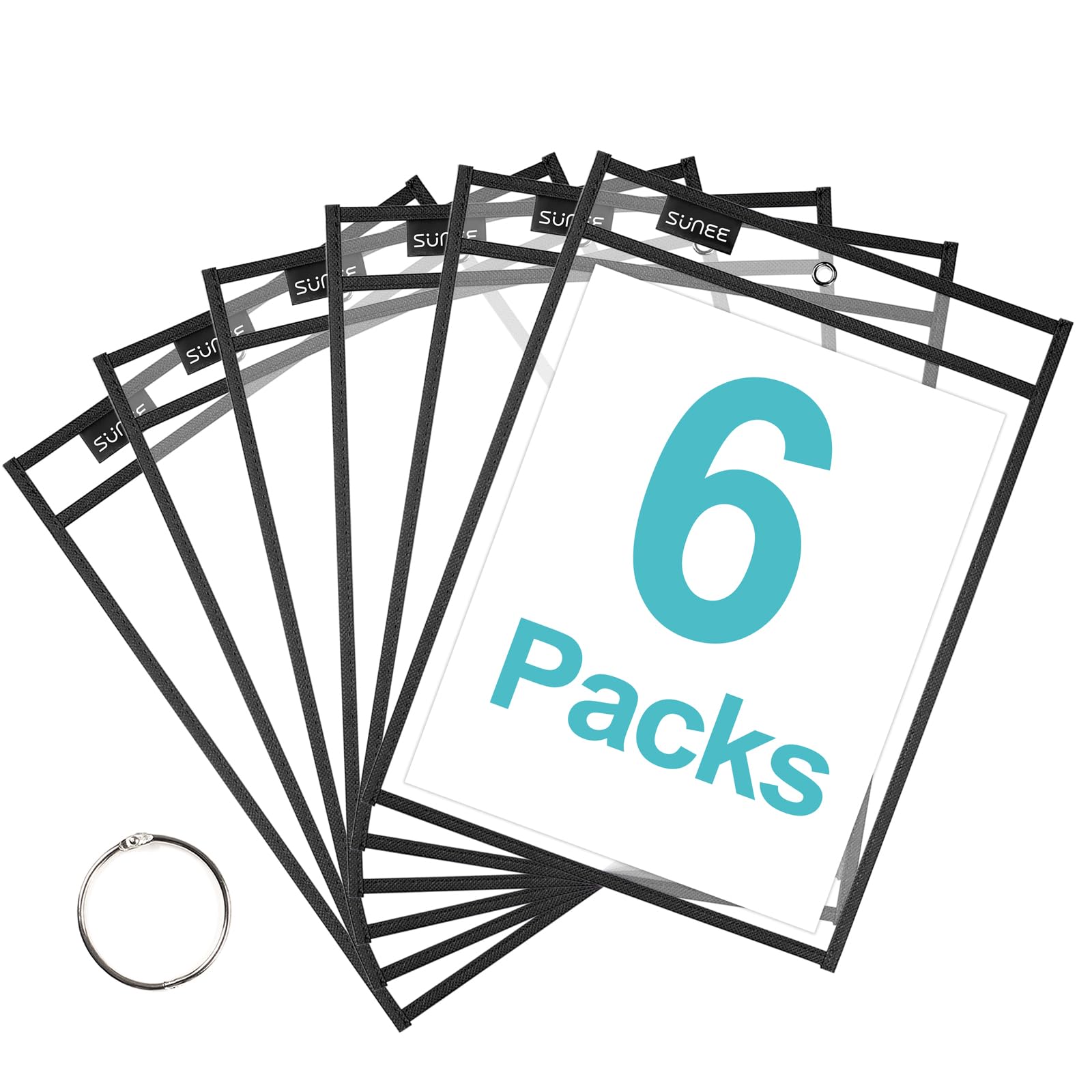 Photo 1 of SUNEE 6 Packs Oversized Reusable Dry Erase Pocket Sleeves with Ring, Black 10x14 Ticket Holders, Clear Plastic Sheet Protectors, Teacher School Classroom Supplies