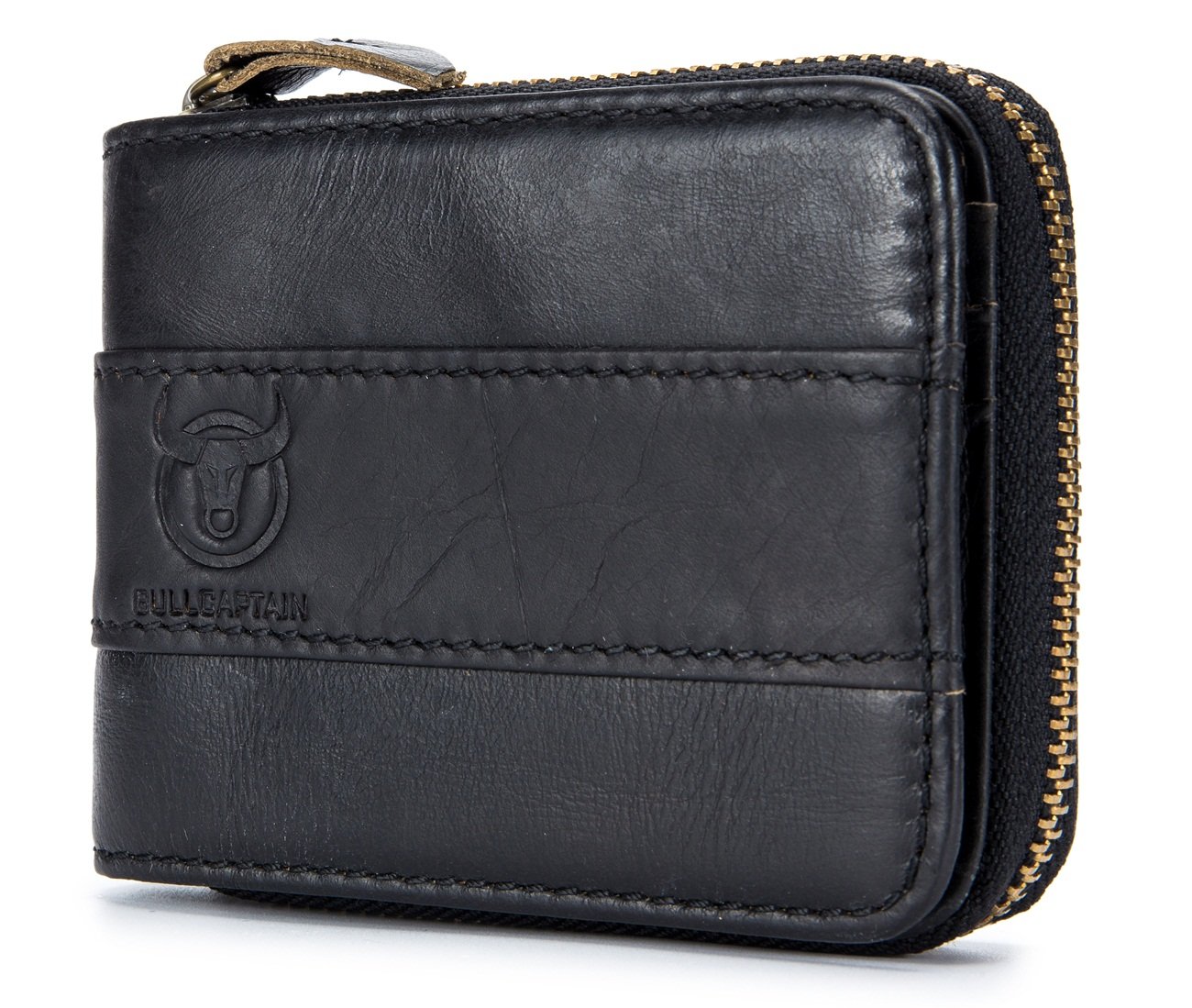BULLCAPTAIN Men’s Leather Wallet Zipper Around RFID Blocking Wallets Bifold Multi Card Holder Purse, Black, 4.72 x 3.74 x 0..99 inches, Vintage — image 1