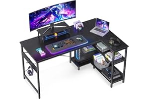 ODK 47 Inch Small L Shaped Computer Desk with Reversible Storage Shelves, L-Shaped Corner Desk with Monitor Stand for Small Space, Modern Simple Writing Study Table for Home Office Workstation, Black