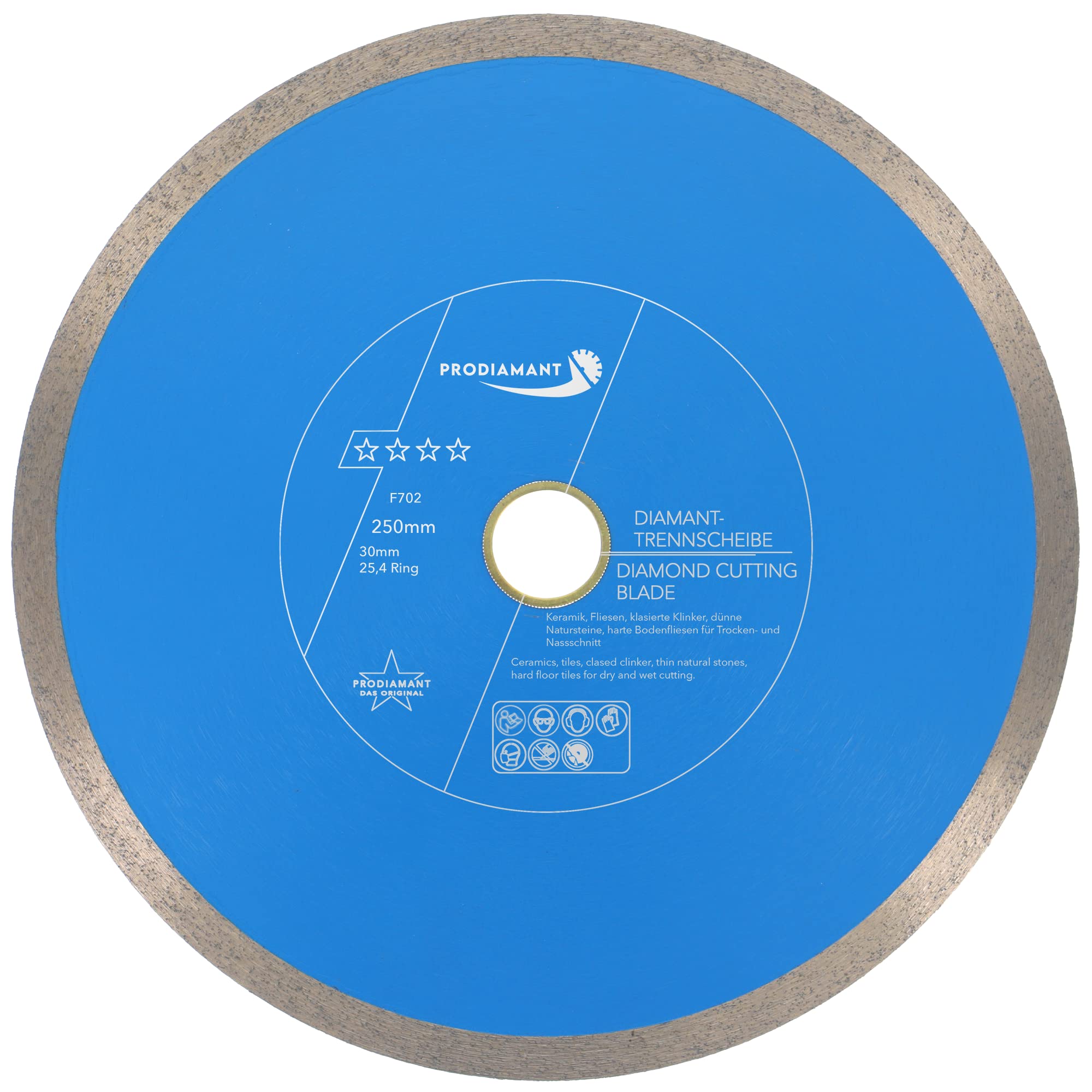 PRODIAMANT Professional diamond cutting disc PRORIM 250 mm x 30/25.4 mm will not break out with glazed tiles, porcelain stoneware ceramic with 30 mm bore and ring to 25.4 mm