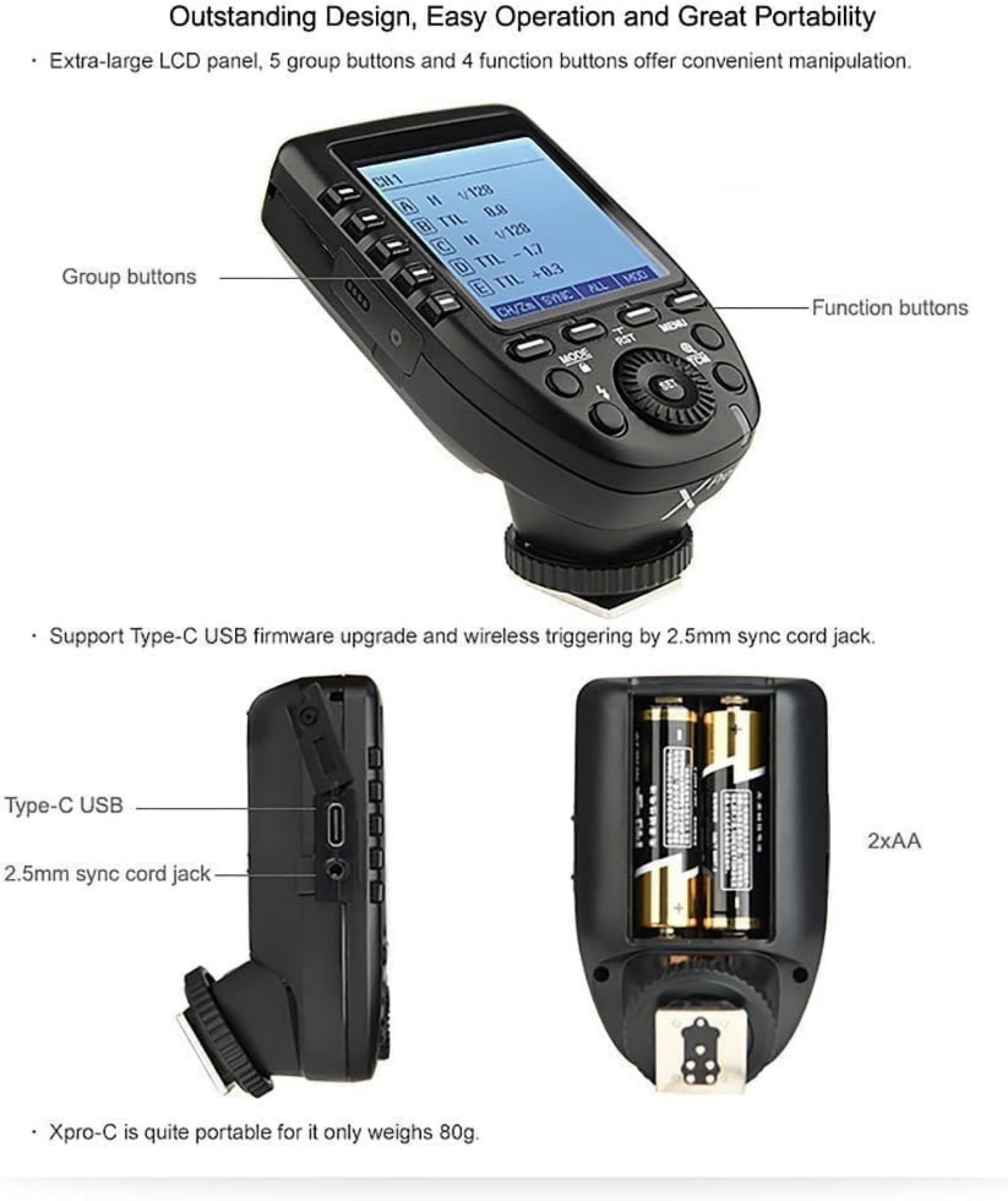 Godox XproS Xpro-S TTL Wireless Flash Trigger for Sony, 1/8000s HSS TTL-Convert-Manual Function Large Screen Slanted Design 5 Dedicated Group Buttons 11 Customizable Functions (XProS for Sony)