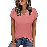 ANRABESS Womens Tops Summer V Neck T Shirts Cap Sleeve Work Dressy Casual Cute Trendy Side Slit Tee with Chest Pocket