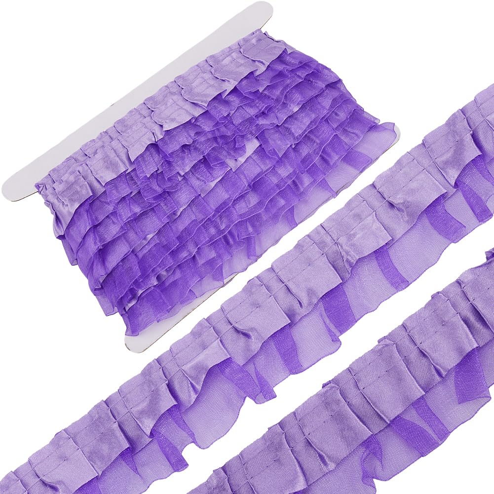 GORGECRAFT 11 Yards 2 Layer Satin Organza Lace Edge Trim Pleated Ruffle Chiffon Ribbon Gathered Edging Trimmings Fabric for Cloth Dress Sewing Embroidered Applique Wedding Party Decor Purple