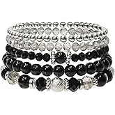 Rimoev 5 Pcs Costume Bracelets, Black Bracelets for Woman, Boho Beaded Bracelets, Stretch Layering Crystal Stone Beaded, Trendy Costume Jewelry Gifts for Women