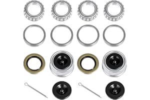 2 Sets 1 Inch Trailer Hub Bearing Kits, L44643/L44610 Bearing Kits with 12192TB Grease Seals, 1.98 Inch Dust Caps, Rubber Sea