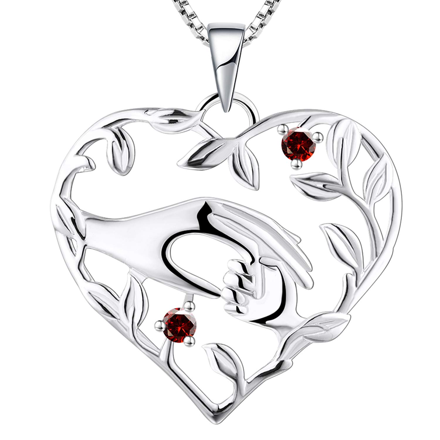 YL Mum Heart Necklace 925 Sterling Silver Mom Hold Child's Hand cut January Birthstone Garnet Pendant Gifts for Mum Women