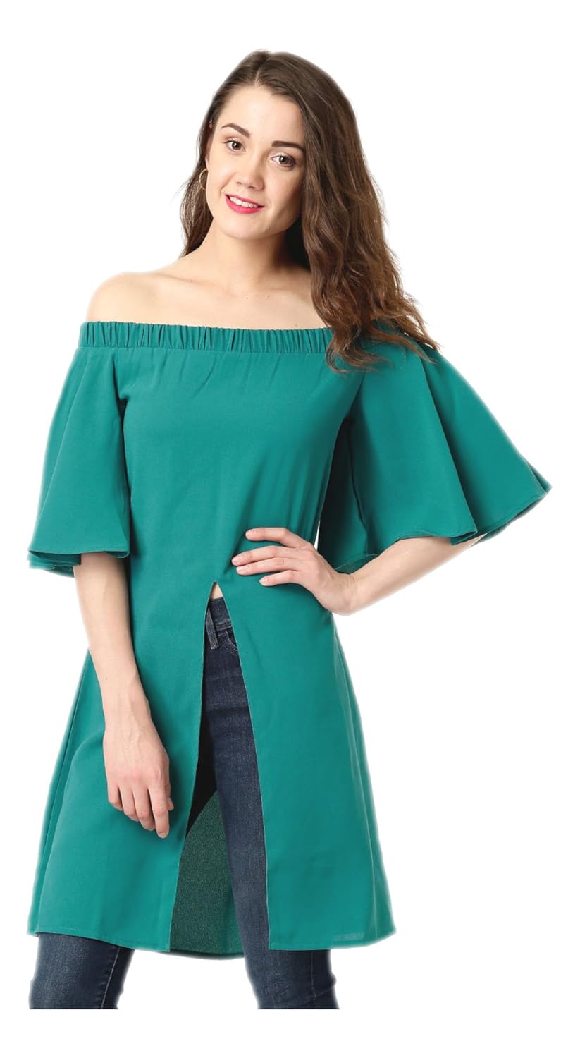 marie claire women teal green solid regular off-shoulder top (mc10240a)