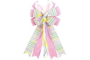 anshome Large Pink Easter Bow for Wreath, Farmhouse Burlap Fabric Wreath Bows with Bunny Ears for Front Door Colorful Stripe Tree Topper Ornament Decor Bow with String for Spring Holiday Party