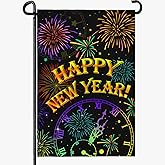 Dacawin Happy New Year Garden Flags Firework Sparkle Night Sky Yard Flag 12x18 Inch Double Sided New Year Decorations for Outside lawn Celebrate Party Flag