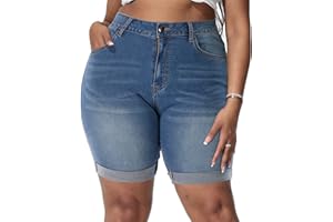ALLEGRACE Plus Size Denim Shorts Women High Waisted Ripped Folded Hem Jean Shorts