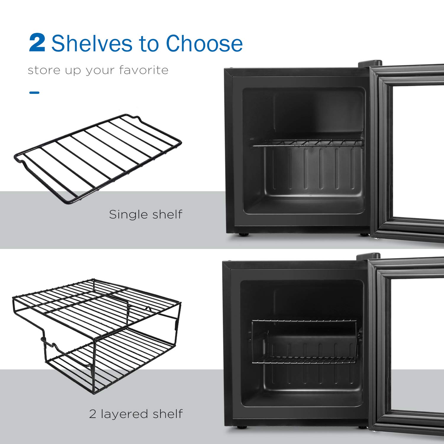 WATOOR 1.1 Cu Ft Mini Freezer Display Freezer with LED Light 2 Removable Shelves 7 Temperature Settings -8°F to 14°F Perfect for Liquor and Ice Cream