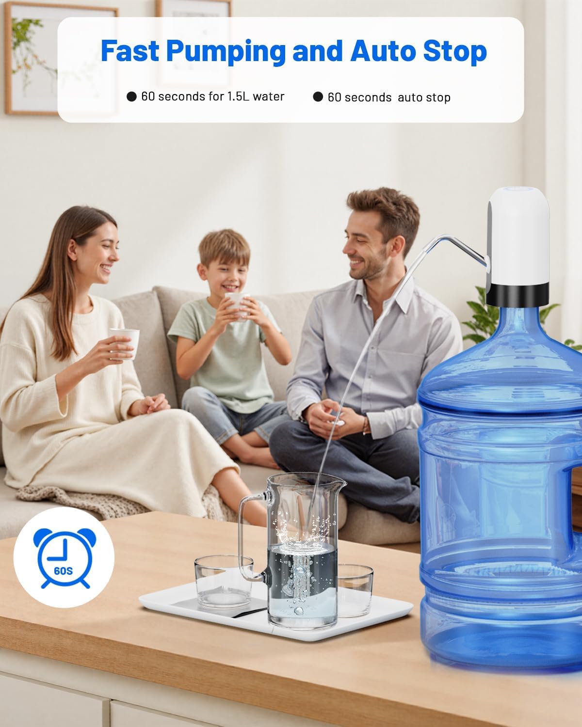 Myvision Water Dispenser for 5 Gallon Bottle,Portable USB Charging Electric Water Pump, Drinking Water Jug Pump for Home, Kitchen, Living Room, Office,Camping,Universal for 3-5 Gallon (White)