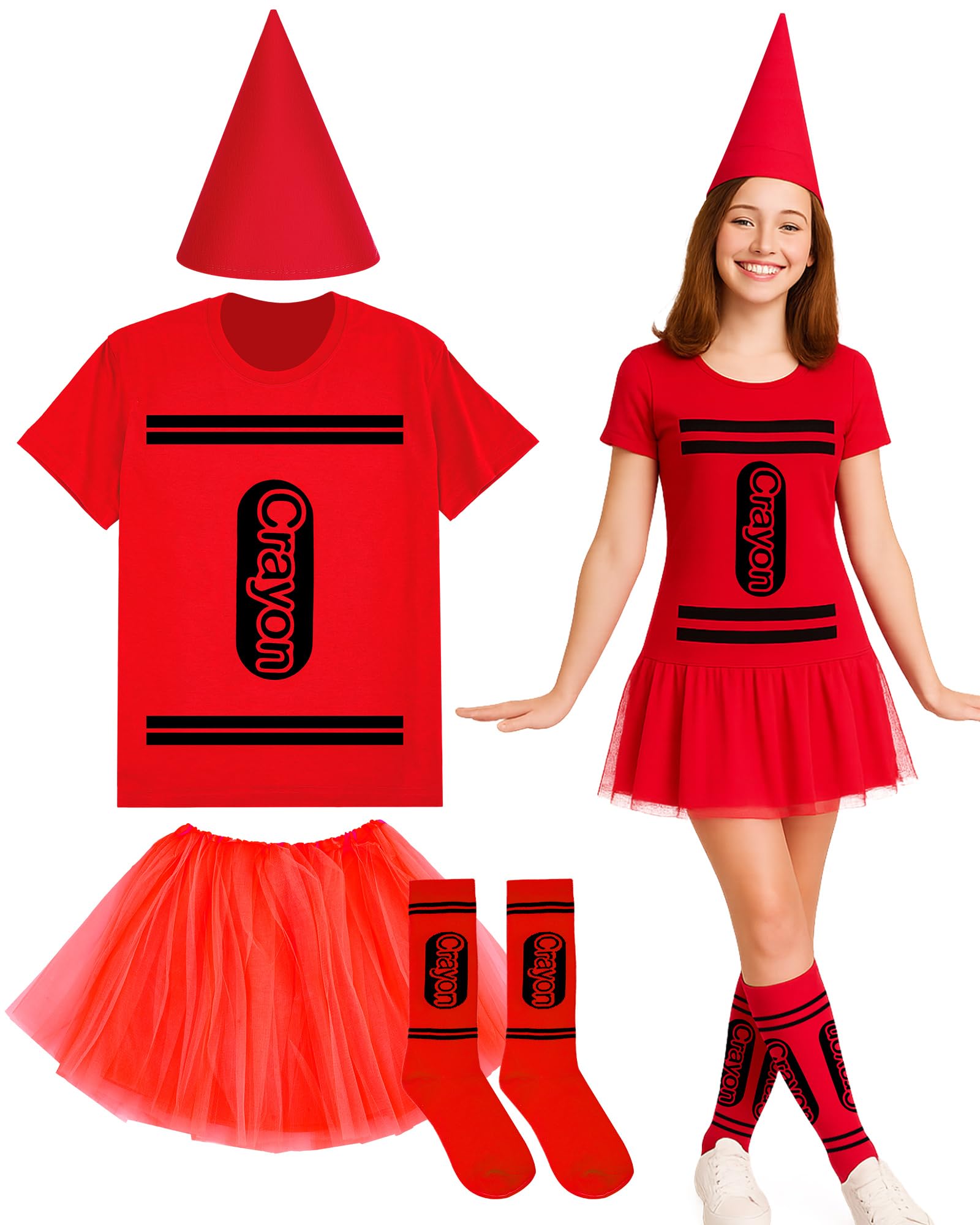 Coume Crayon Buntstift-Kostüm Für Damen – Halloween Gruppenkostüm Mit Tutu-Rock – Grün, Orange, Rot U.v.m. – Größe M Bis XXL
