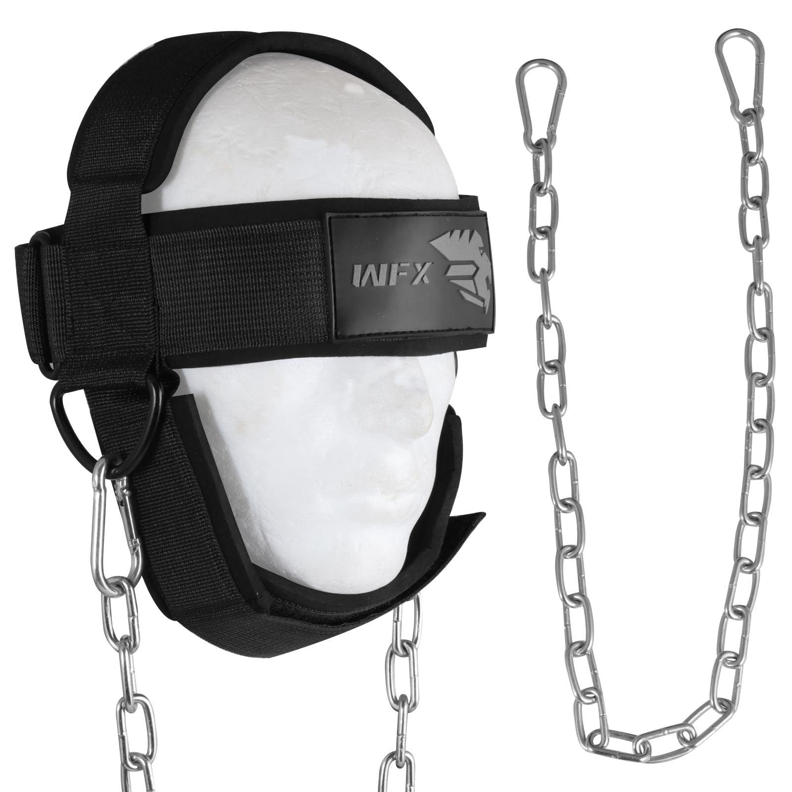 WFX Head Harness Neck Dipping Heavy Duty Long Steel Chain Adjustable Fitness Neck Harness Weight Lifting Neoprene Padded Strap Resistance Training Muscle Strength Recovery Belt Men (BLACK)
