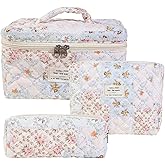 Slpytc Large Floral Makeup Bag for Women, Quilted Cosmetic Toiletry Organizer, Travel Makeup Bag Set for Girls, Cute Cotton Bag for Back to School (Bee color matching)