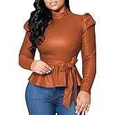 SEMATOMALA Women's Faux Leather Puff Sleeve Self Tie Waist Peplum Top PU Pleather Mock Neck Slim Fit Ruffle Knot Blouse Shirt