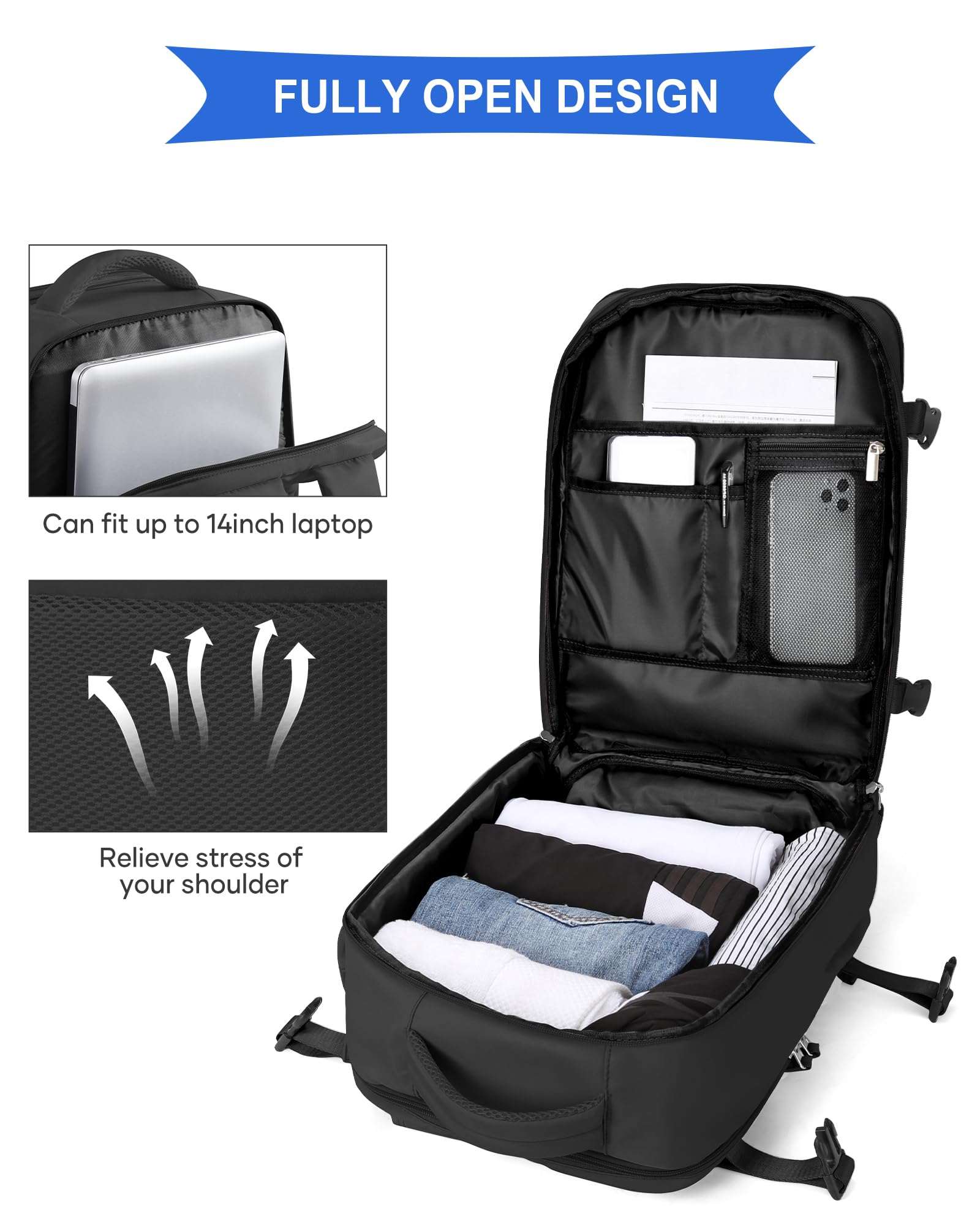 SZLX Rucksack 40x30x20 Wizz air Handgepäck Rucksack für Ryanair Vakuum Reiserucksack Flugzeug Easyjet Handgepäck Laptop Rucksack 14 Zoll mit Schuhfach für Herren Damen 4
