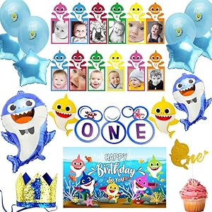 Baby Shark Party Supplies First 1st Birthday for Boy, Decorations with Blue Baby shark Balloons, High Chair Banner, 3x5 ft Baby Shark Backdrop, Baby Shark Cake Topper Theme for Boys by Party Penny