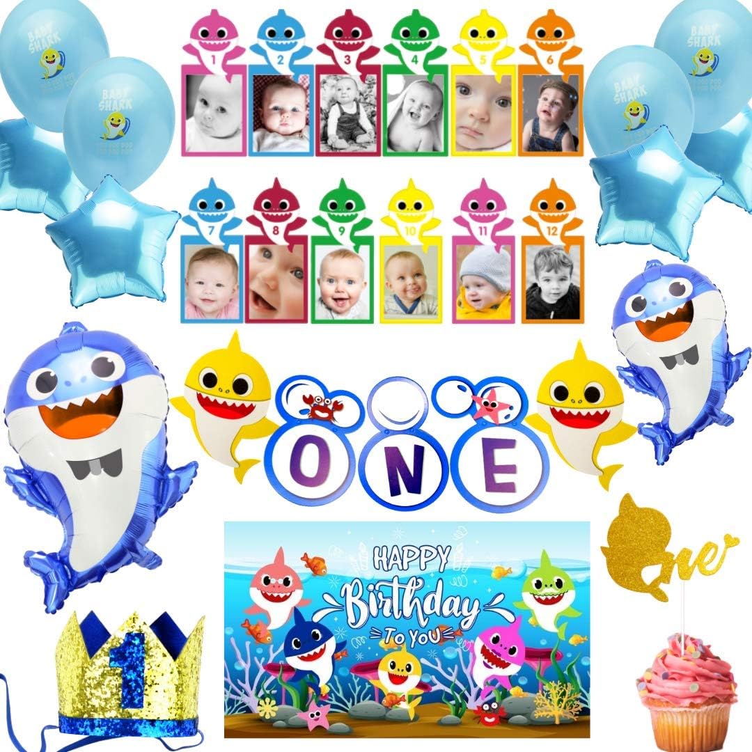 Party Penny Supplies First 1st Birthday for Boy, Decorations with Blue Balloons, High Chair Banner, 3x5 ft Backdrop, Cake Topper Theme for Boys by Party Penny