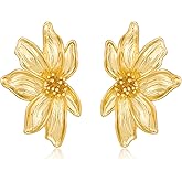 FILMOON Statement Flower Studs Earrings for Women Gold Plated Flower Drop Earring Textured Chunky Floral Boho Jewelry
