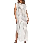 Saodimallsu Womens Crochet Swimsuit Coverup Summer Sleeveless Hollow Out Knit Crewneck Side Split Long Beach Dress