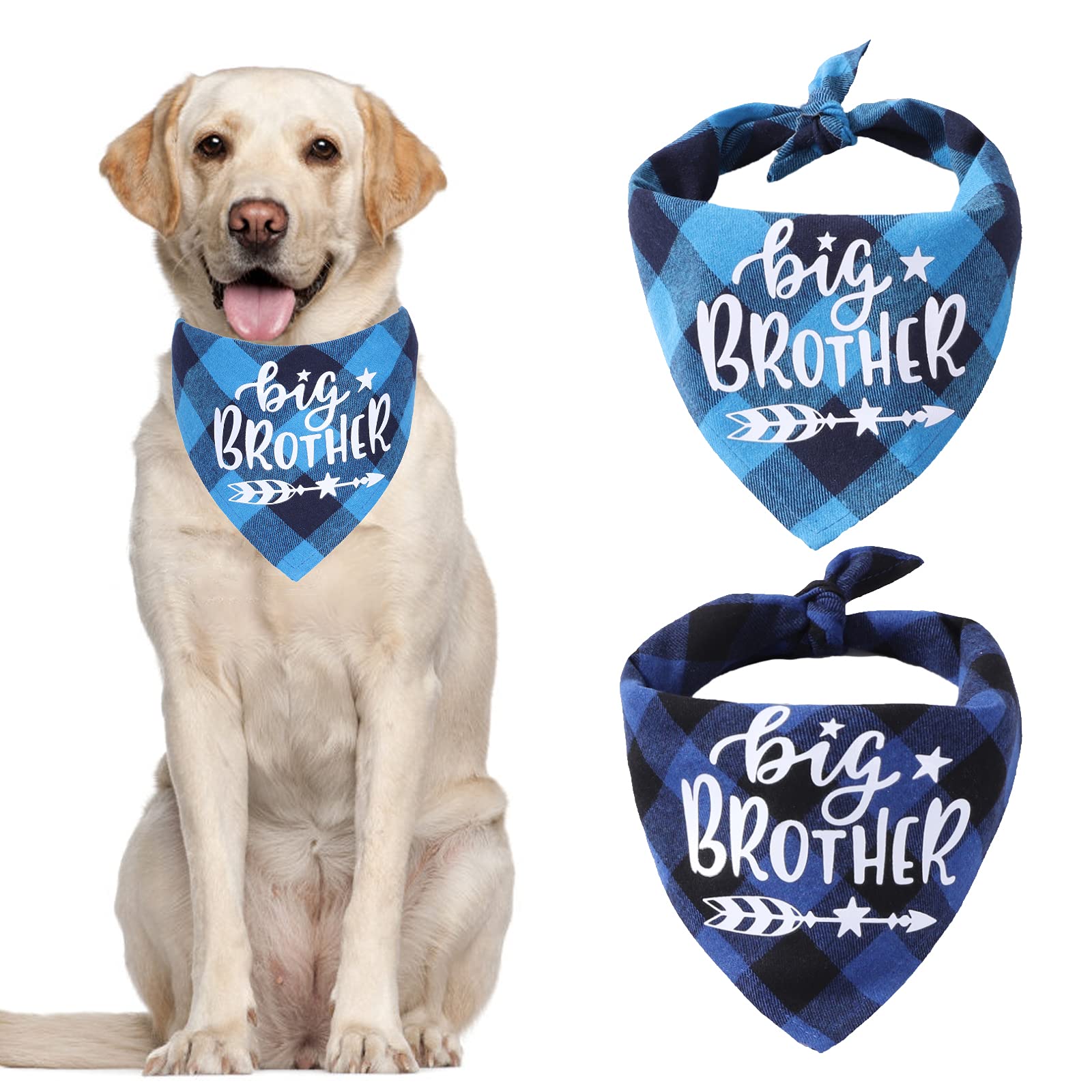 HACRAHO Plaid Dog Bandana Scarf, 2 Packs Pregnancy Announcement Dog Bandana Adjustable Triangle Dog Bibs Scarf for Small Medium Dogs Pets, Lake Blue and Black Blue