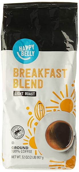 AMAZON BRAND – HAPPY BELLY BREAKFAST BLEND GROUND COFFEE, LIGHT ROAST, 2 POUND (PACK OF 1)