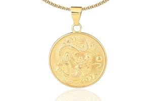 Fusamk Hip Hop 18K Gold Plated Dragon Round Tag Pendant Animal Necklace,22" Box Chain
