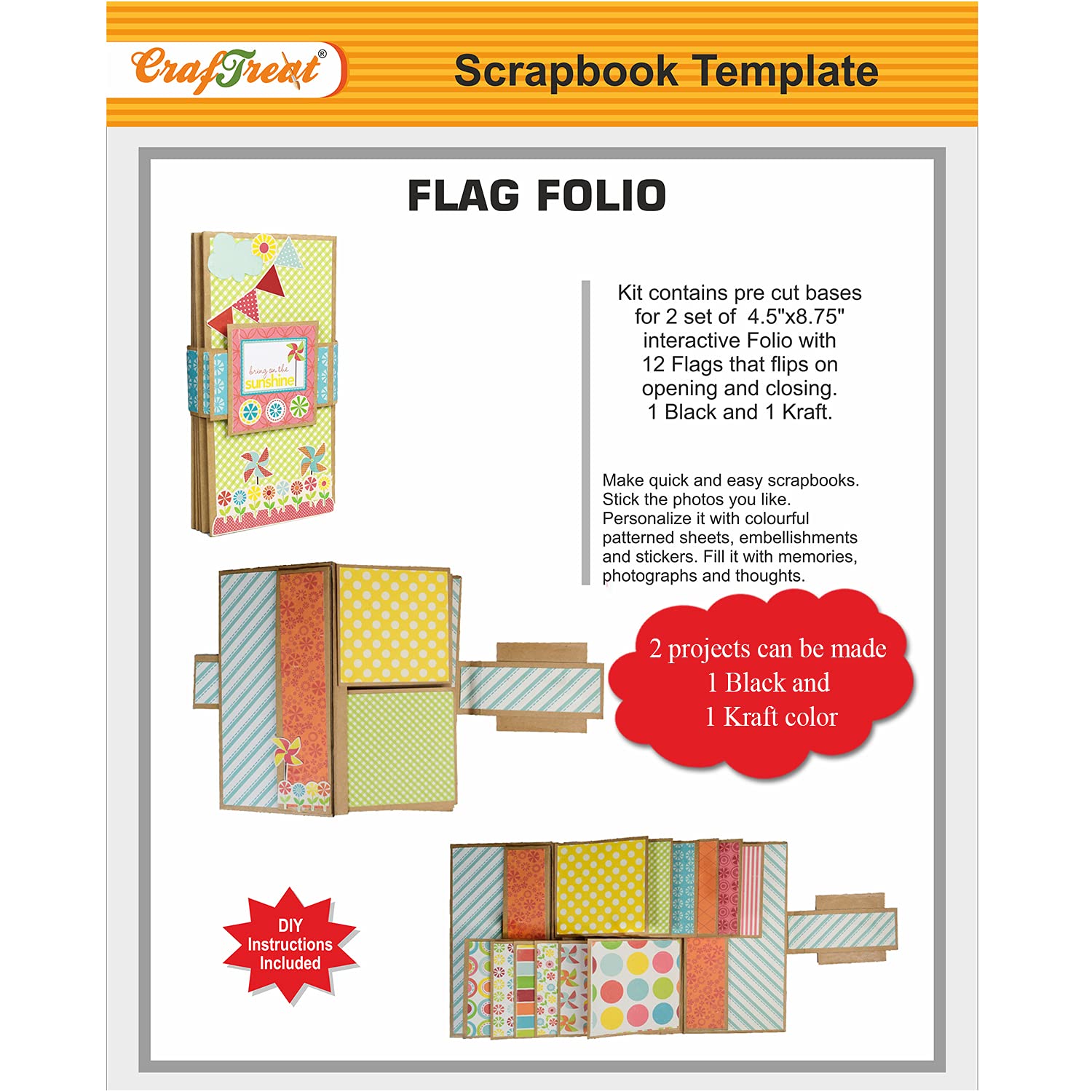 CrafTreat Flag Folio Scrapbook Templates – 2 Interactive Flip & Swing Album Sets (Black & Kraft) with Precut Die Cuts, Magnets & Easy Step-by-Step Tutorials