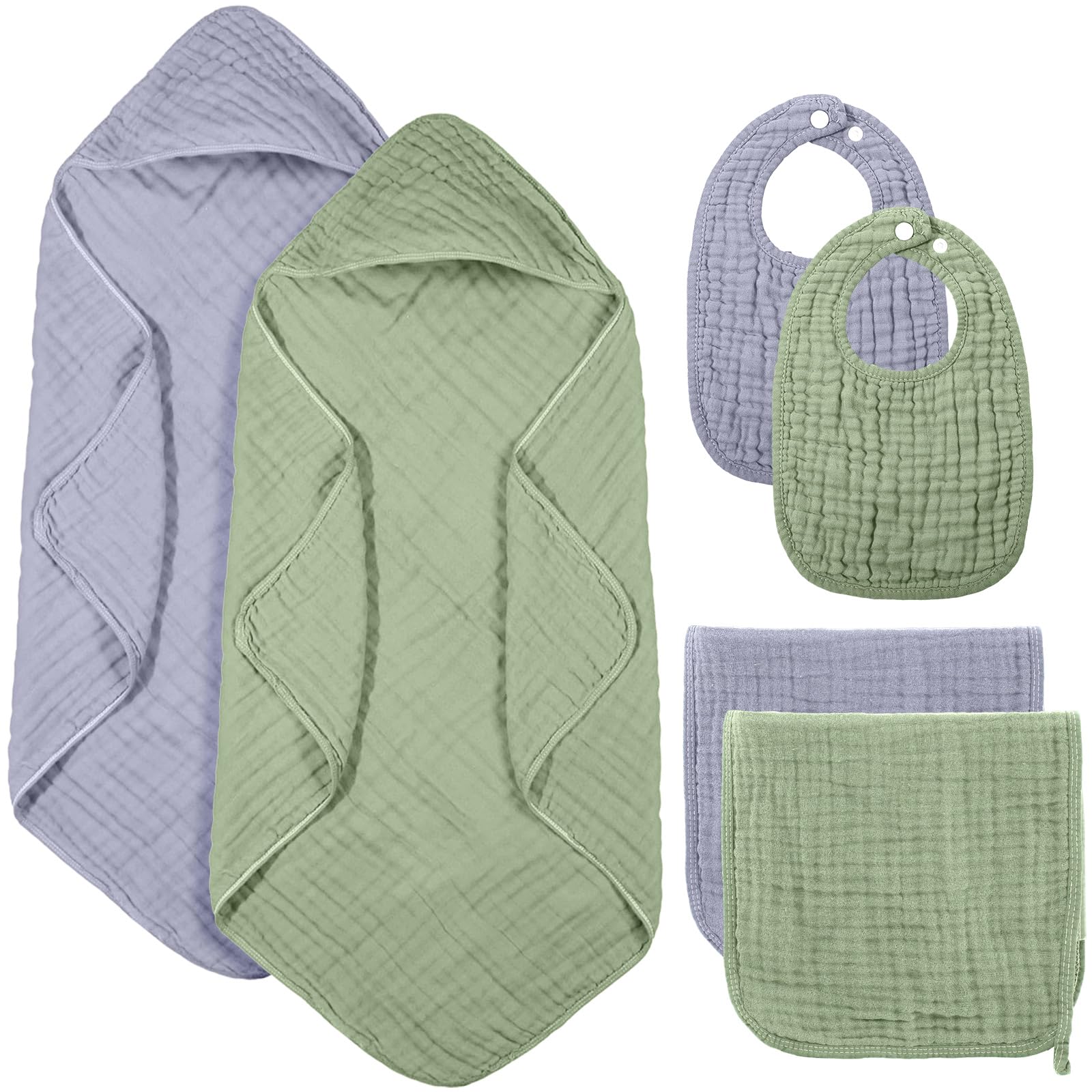 Photo 1 of Hahafelt 6 Pcs Muslin Hooded Bath Towels Washcloths and Bibs Set, Muslin Cotton Baby Towels Absorbent Hooded Blanket Towel Infant Bibs for Boys Girls Newborn Infant Essentials(Light Blue, Light Green)
