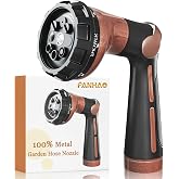 FANHAO Heavy Duty Garden Hose Nozzle, Metal Hose Sprayer Easy Thumb Control | 8 Spray Patterns, Rustproof Water Nozzle, Non-Slip Ergonomic Grip, Elder &amp; Child Friendly for Garden, Car &amp; Pet, Brown