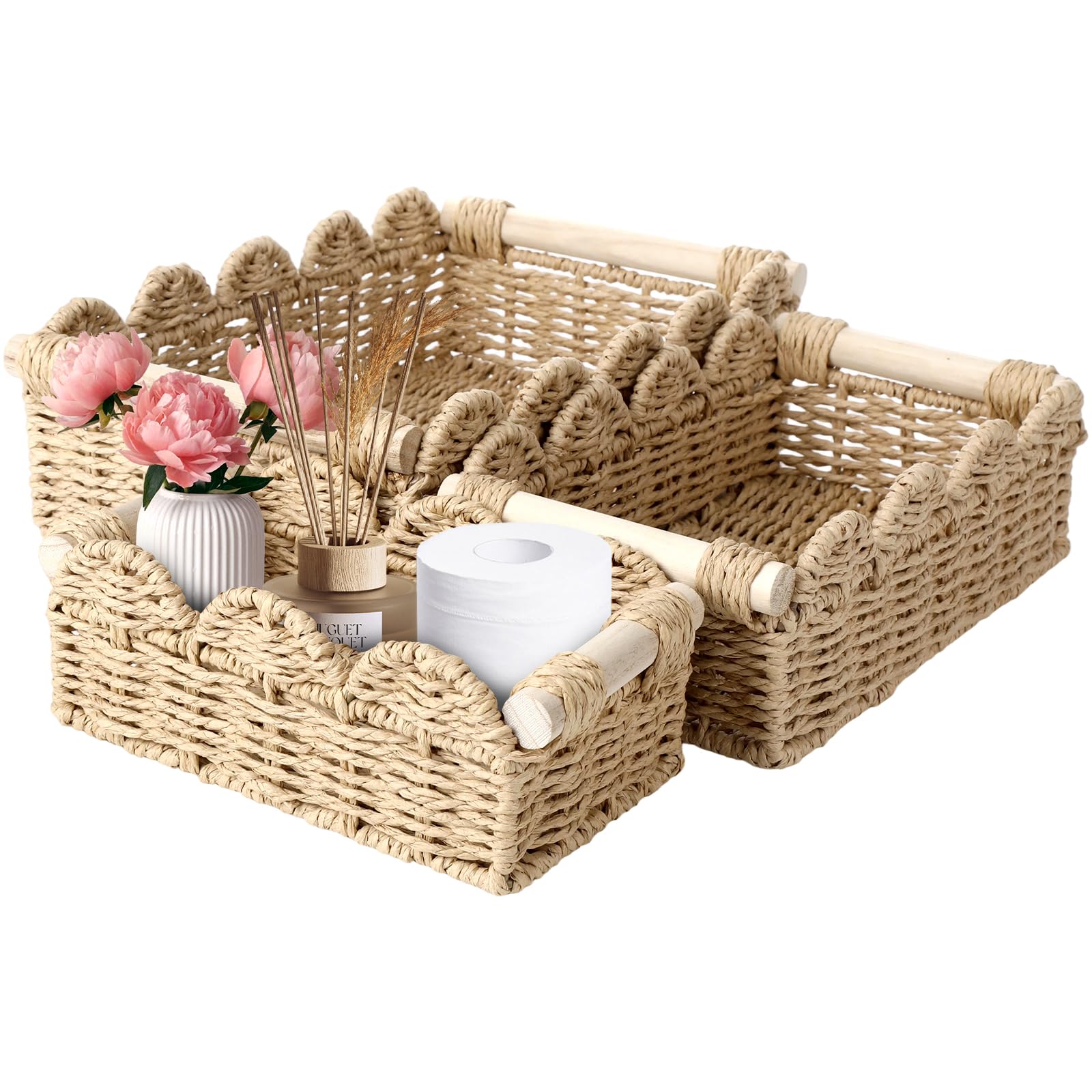 Photo 1 of 3 Pack Scalloped Edge Storage Baskets, Toilet Paper and Decor Organizer with Wooden Handles for Bathroom Over Toilet, Living Room, Bedroom, Shelves and End Table (Beige)