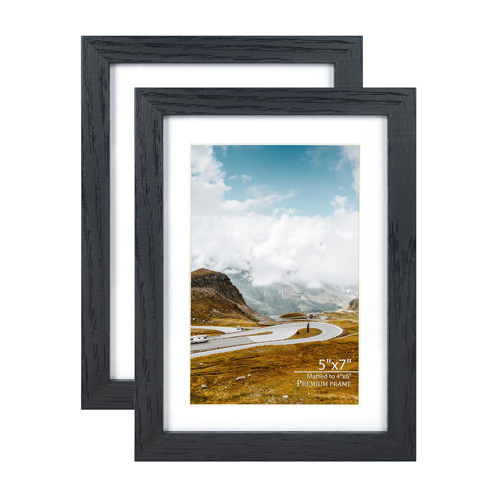 Photo 1 of 5x7 Black Oak Wood Picture Frame - 5"x7" Photo Frame, 5x7 Picture Frame With 4x6 Mat Real Glass Natural Solid Wooden Picture Frames for Wall Art Photo and Prints(2 Pack, Black)