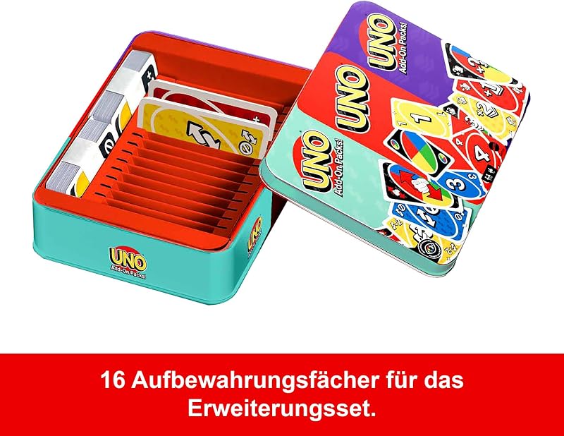 UNO Kartenspiel mit 2 Zusatzpacks und Aufbewahrungsdose