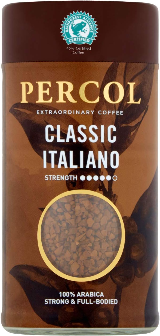 PERCOL Rainforest Alliance Classic Italiano Instant Coffee Strong, Dark Full-Bodied Classic Blend 100% Arabica Beans Freeze-Dried 100g 1 Pk