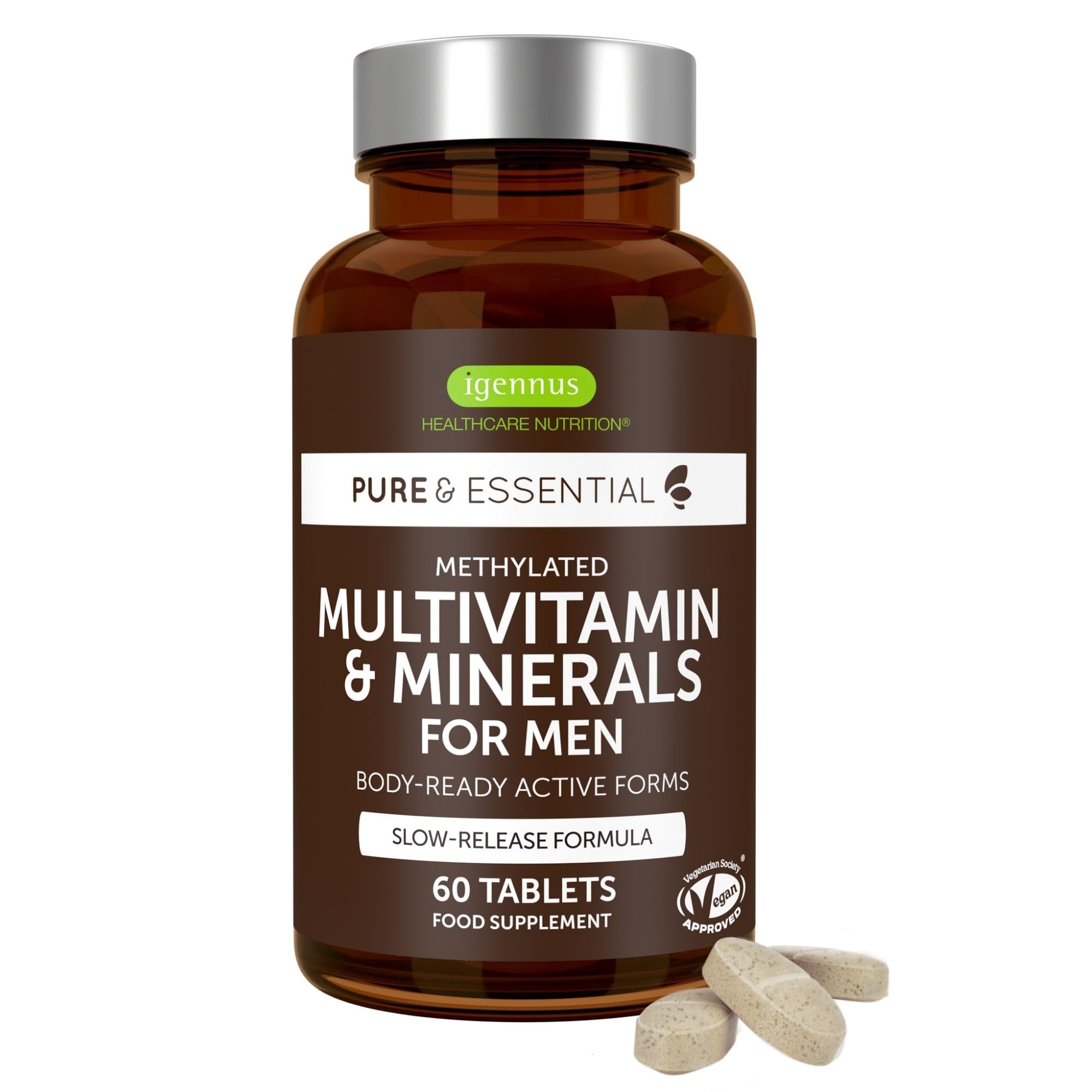 Igennus Methylated Men's Multivitamin, 21 Actives, Clean Label, All Day Nutrient Delivery, Expertly Formulated For Male Wellness, Energy & Heart Health, 60 Easy-to-Swallow Vegan Tablets, Non-GMO,Halal