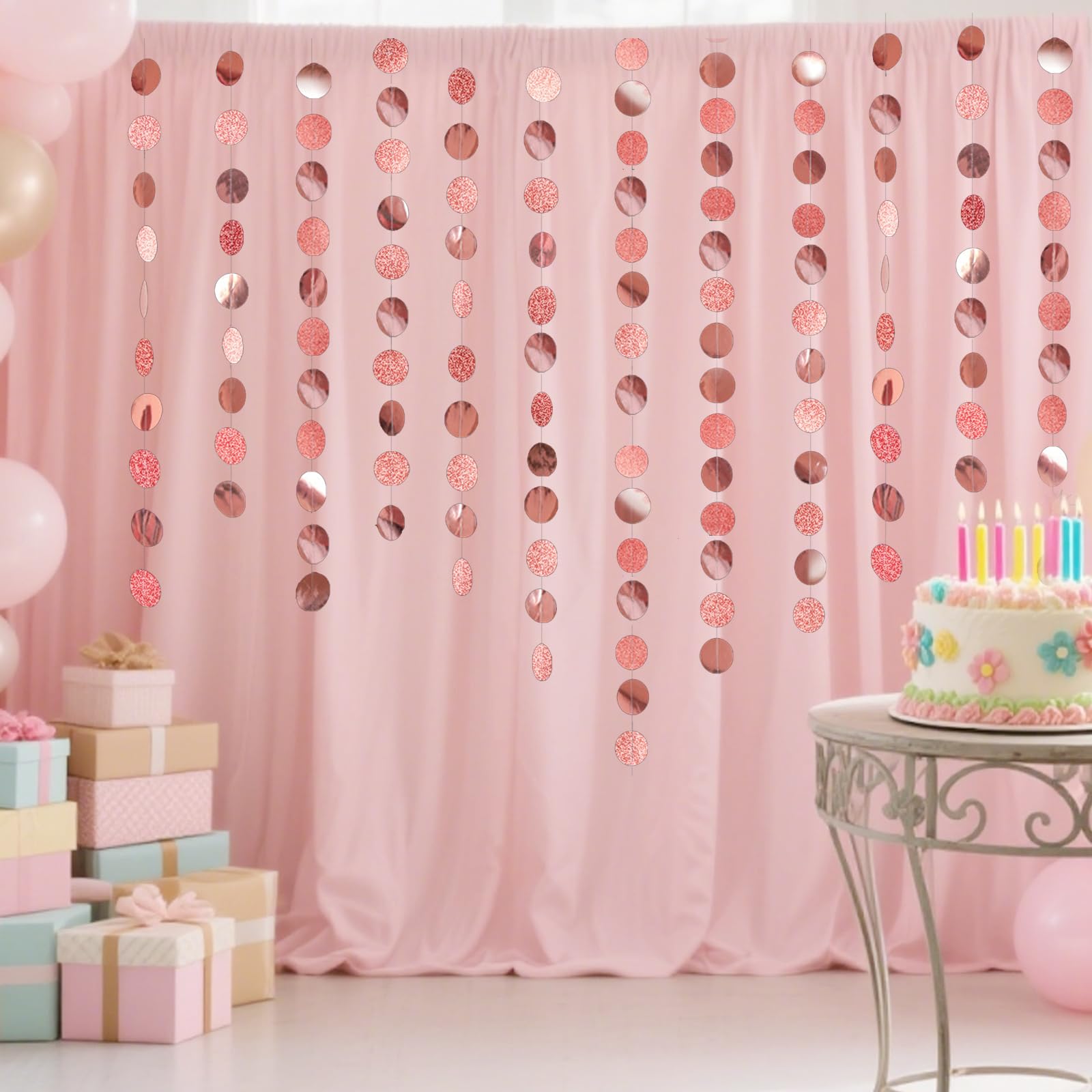 Hexizexi 78Ft Circle Dot Streamers Garland 6 Pcs 4m Polka Dots Streamer Holographic Rose Gold Hanging Paper Garland for Wedding Baby Shower Birthday Party Decoration