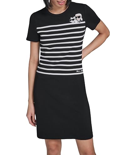 karl lagerfeld t shirt dress Paris Women's Short Sleeve Crew Neck Logo T-Shirt Dress, Black, X-Small at Amazon Women's Clothing store manual_size Silk Dresses Short Loose shirt dress Color:CHUTNEY
