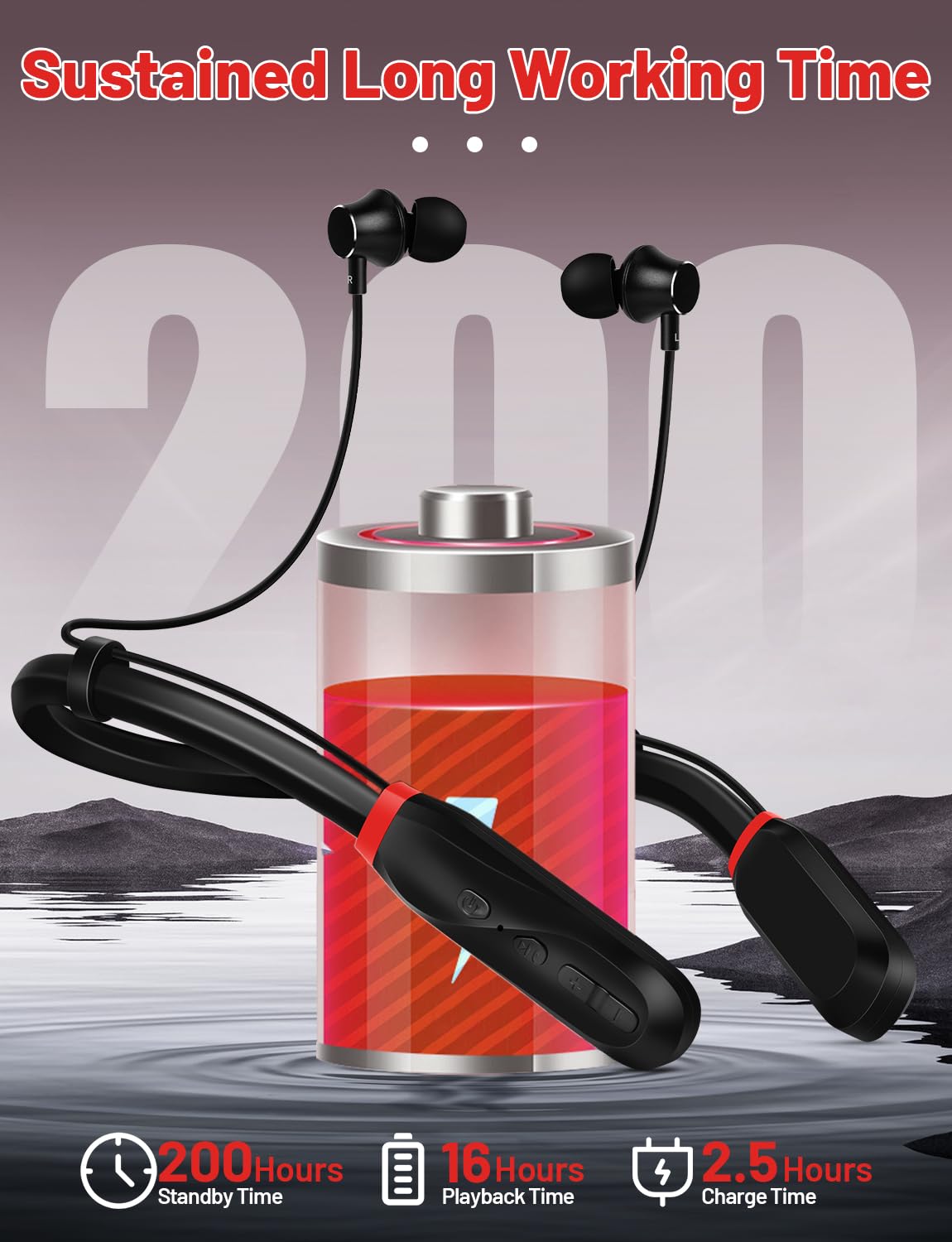 TERUBIN Neckband Bluetooth Headphones, 200H Long Playtime Wireless Stereo Neckband Earbuds with Microphone, Waterproof Around The Neck Headphones in Ear Headset for Sports/Workout/Office (Black)