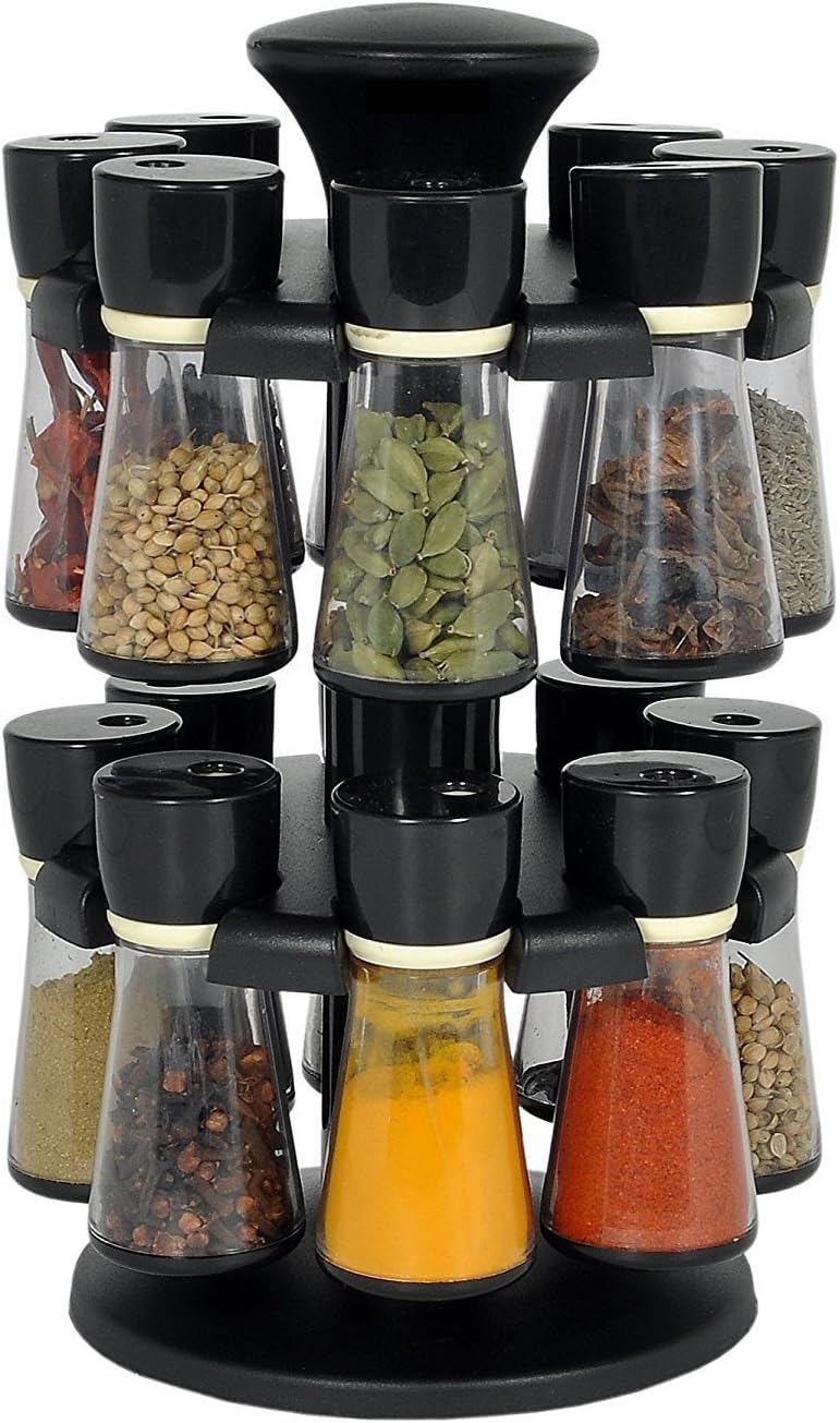 OM Star Plastic 120 ml Revolving Spice Rack Masala Box Set (Black) -16 Pieces